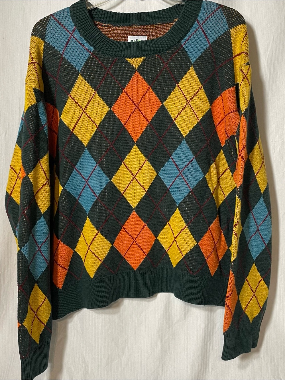 Argyle Crewneck, oversized Sweater in Dark Green with Yellow & Orange Diamonds